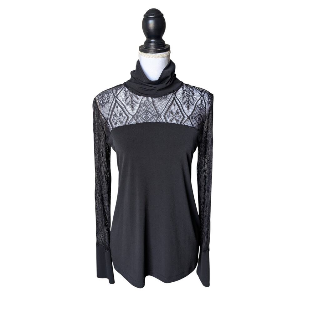 Anatomie Black Lace Mock Neck Long Sleeve Top Size Large Sheer Minimalist